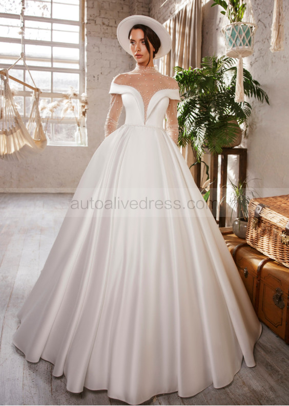 Pearl Beaded Ivory Satin Royal Wedding Dress